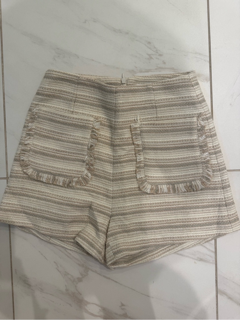 Elliatt Cream and Taupe Striped High-Waist Shorts